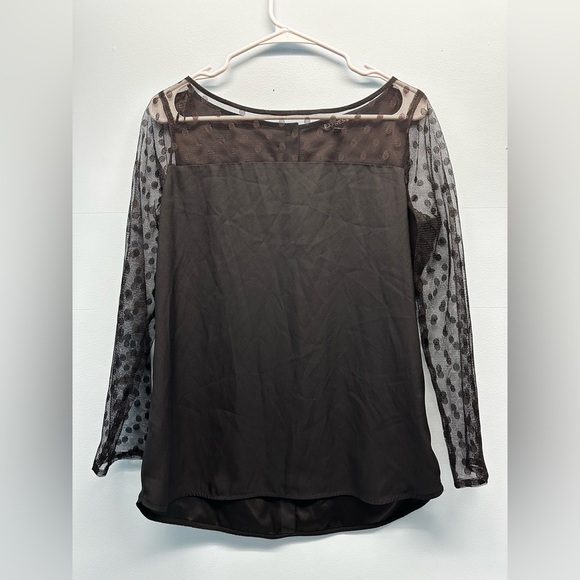 Women’s Express Black Sheer Lace Polka Dot Sleeve Button Down Back Blouse Top M - Picture 2 of 3
